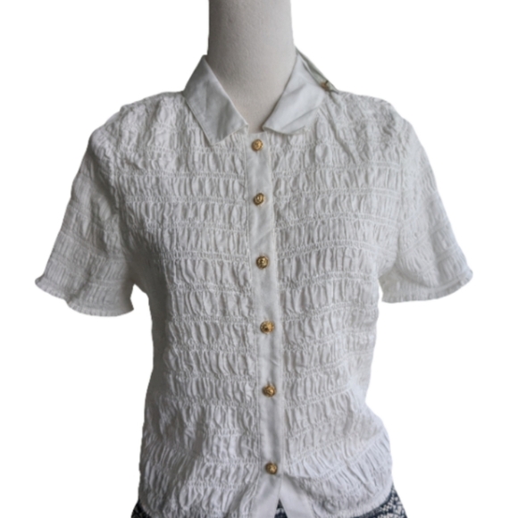 J.Crew White Smocked Cotton Voile Button Up Shirt NWT Size M Short Sleeve - Picture 5 of 9